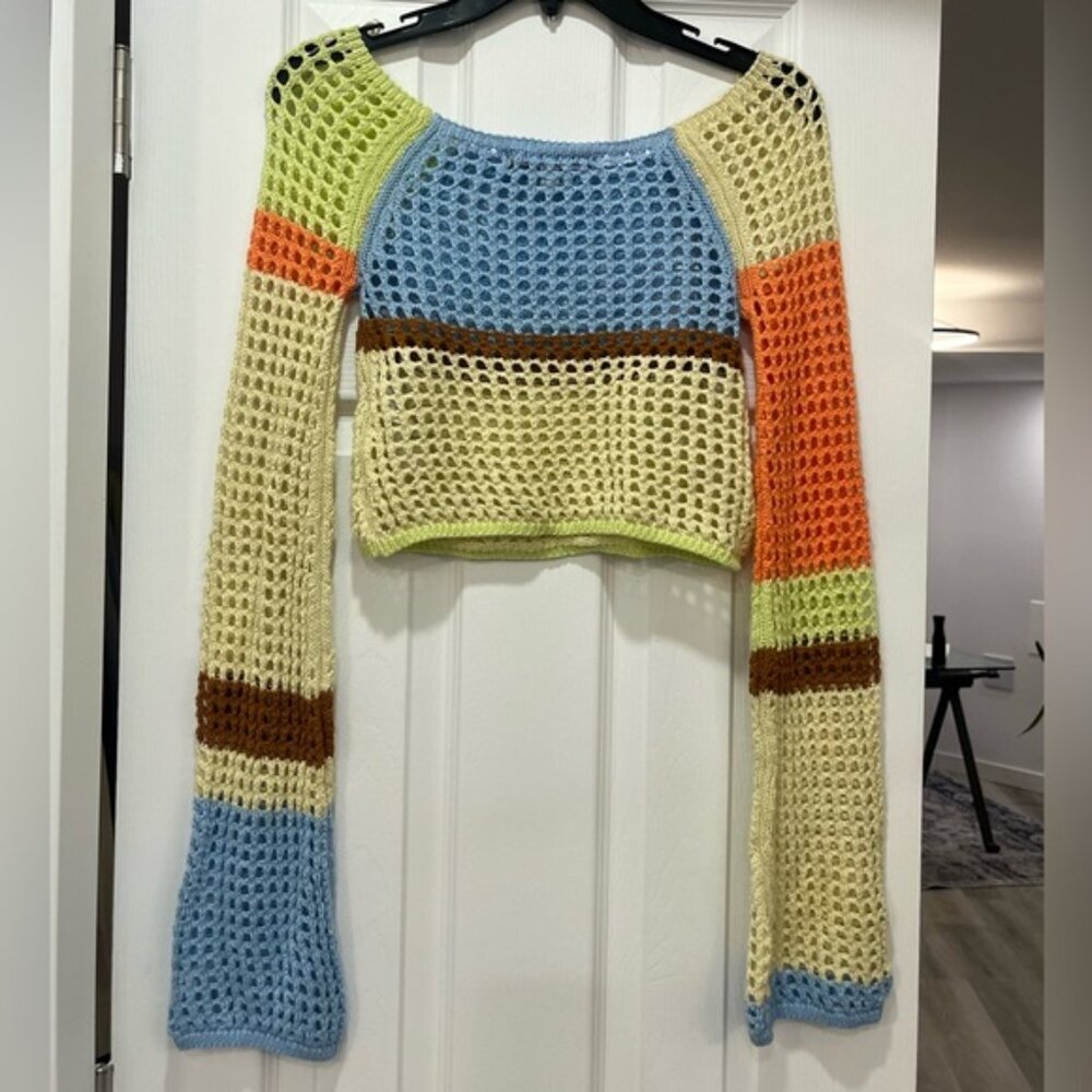 UO Mismatched Crochet Crop Top Y2K Bell Sleeve Knit XS Festival - Picture 3 of 6